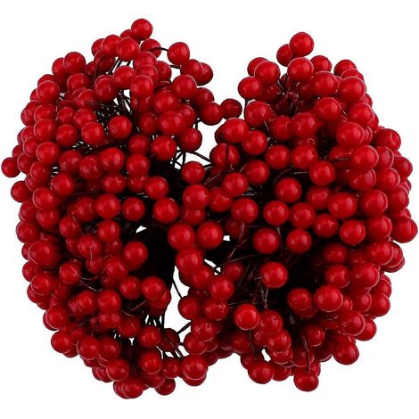 Baies rouges artificielles, 250 tiges métalliques avec 500 baies de houx de Noël (1/5)