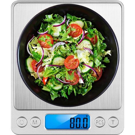 Bilancia elettronica di precisione da cucina, portata 500 g, precisione 0,5 kg, sensibilità 0,01 g, display LCD.