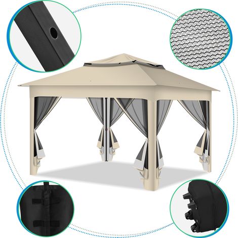 Randaco Faltpavillon Pop-up 3,3×3,3×2,68 m – Gartenpavillon mit Moskitonetz, UV-Schutz, doppelt belüftetem Dach, inkl. Tragetasche & Sandsäcke, Beige (1/5)