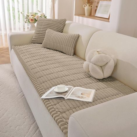Flannel Sofa Cover, Thick Washable Corner Sofa Cover, Sofa Cover with Chaise Left/Right, Non-Slip, Stain-Resistant (Brown, 70 x 150 cm) (1/5)