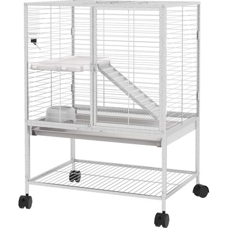 Cage pour petits animaux sur roulettes 2 niveaux avec 2 portes, 1 rampe, 1 étagère de rangement 61,5 x 44,5 x 86 cm gris