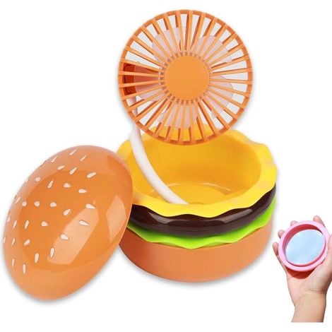 Ventilateur portatif 3 en 1 rechargeable en forme de hamburger, USB avec 3 vitesses et flux d'air puissant (orange)
