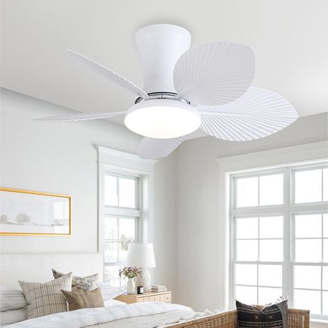 Ventilateur de Plafond Tropical 76 cm avec Lumière et Télécommande, Plafonnier Feuilles de Palmier pour Chambre et Salle à Manger, Blanc