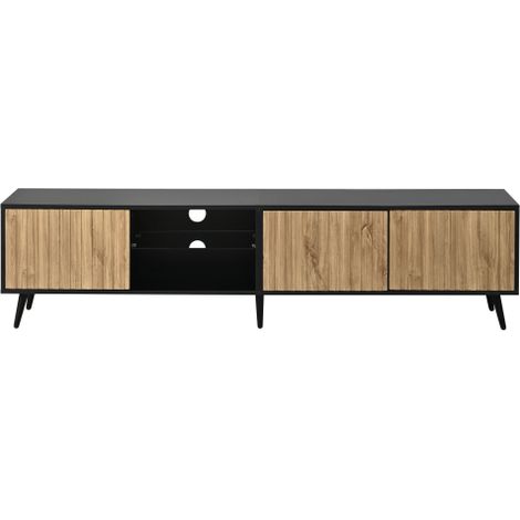 Meuble TV 175cm LED bois-noir, 3 portes verre, 6 pieds pour TV 75 pouces