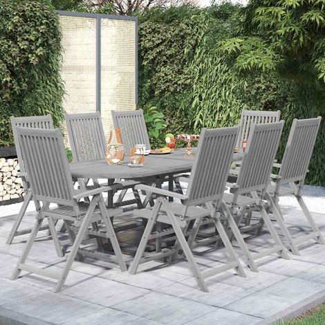 Ensemble repas de jardin 9 pièces en acacia massif, table extensible et chaises pliantes grises - PANGIVO (1/5)