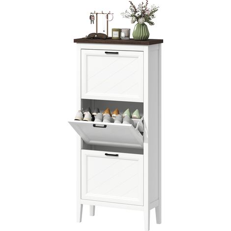Meuble à chaussures 18 paires, armoire à chaussures étroite avec 3 tiroirs rabattables et étagères réglables, blanc (1/5)