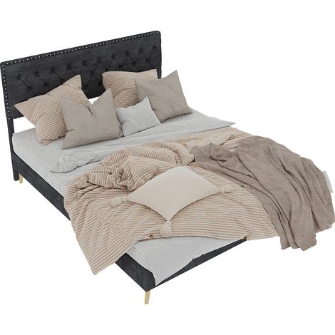 Lit moderne minimaliste moelleux, tête de lit douce et confortable, 140200CM, gris, meuble de chambre multifonction, cadre de lit coffre bas, sans vérin à gaz, sans matelas. (1/5)