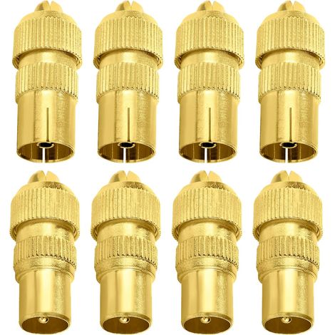 4 Sets Antenna Connectors, Female and Male Adapter Coaxial Cable Connectors for TV Aerial Coaxial Cable, RF Cable TV Antenna Connector Socket, Gold (1/5)