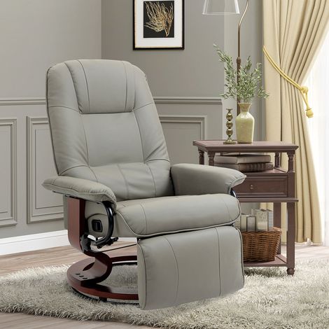 Poltrona reclinabile con poggiapiedi regolabile, girevole a 360°, base in legno e rivestimento in tessuto sintetico grigio.