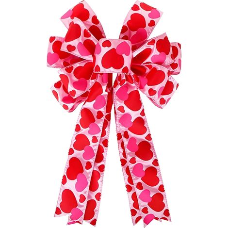 Bow - Heart Shaped Decoration - Valentine's Day Tree Top And Wreath Ornament - Red Fabric - 50x28 cm - 1 Piece (1/5)