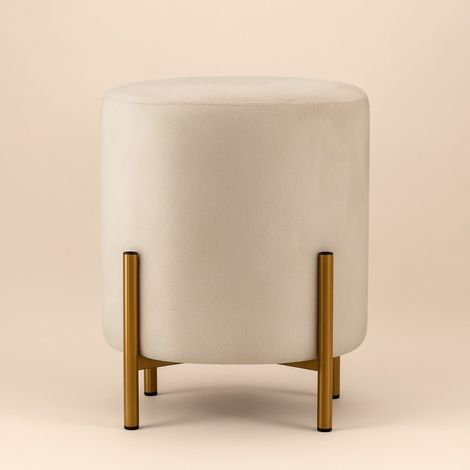 Pouf en velours beige rond pieds métal doré 36x30cm