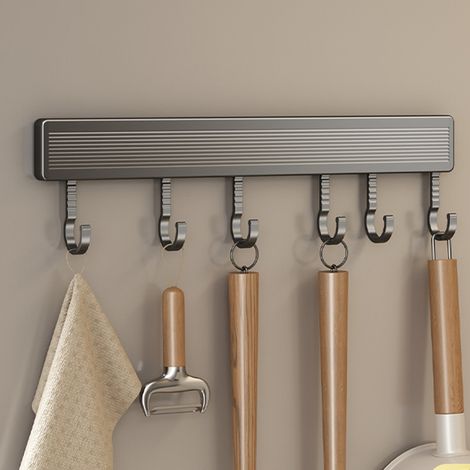 Étagère à ustensiles de cuisine pour montage mural,Sans perçage,Barre de suspension autocollante,Barre de suspension de cuisine avec 6 crochets (1/5)
