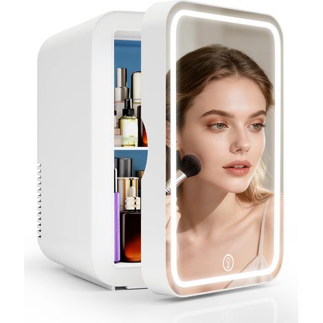 Puluomis – Mini réfrigérateur portable 8L avec miroir LED – Température 5°C à 60°C – Alimentation AC/DC 220V/12V – Silencieux et économe en énergie – Blanc