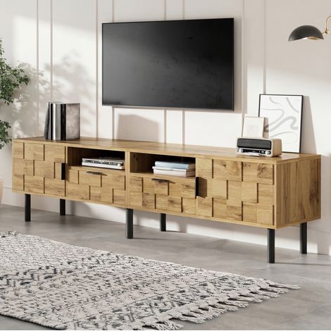 Meuble TV en panneaux de particules naturel et noir 160x35x42,5 cm, 2 portes, 2 tiroirs, 2 niches ouvertes (1/5)