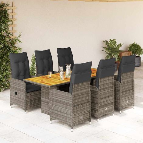 7-tlg. Garten-Bistro-Set mit Kissen Grau Poly Rattan (1/5)