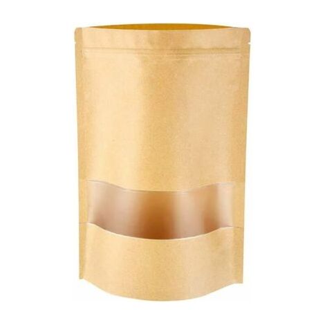 100 kraft paper stand-up pouches with zip closure, brown paper bags with viewing window, reusable storage bags for bread, nuts, gifts, coffee beans, jewelry, 14 x 20 cm