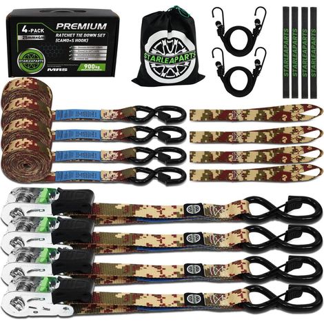 Spanngurte mit Ratsche 4er Set, 900kg, 25mm x 4m, inkl. Bungee-Seile, S-Haken (1/5)