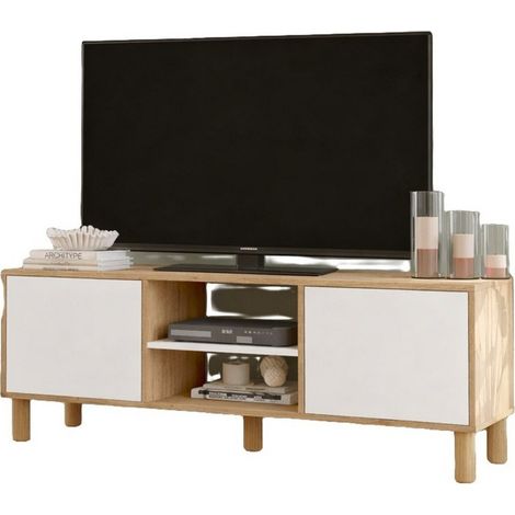 Meuble TV 65 Pouces 2 Portes 4 Niches Chêne et Blanc L 160 H 59.1 P 40 cm (1/5)