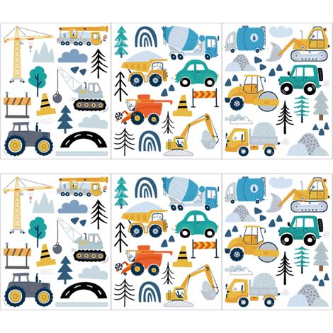 Autocollant Mural - Véhicules de Chantier - Tracteur Excavatrice Camion - Pour Chambre d'Enfant - 6 Pièces (1/5)