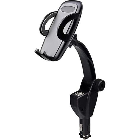 Support de téléphone de voiture, chargeur de voiture double USB 2 en 1 avec support de montage réglable, support universel pour allume-cigare de voiture à 360 degrés (noir) (1/5)