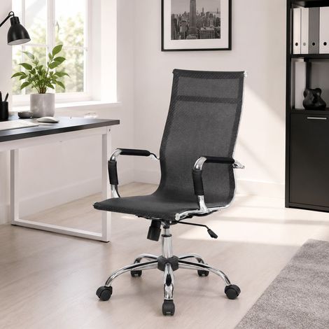 Sedia con ruote Placida, Poltrona direzionale con braccioli, Sedia ergonomica da ufficio, Nero, 63x54h106/116 cm (1/4)