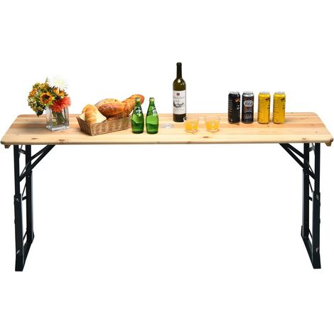 Table de pique-nique pliante 168,5 x 50 cm, charge 50 kg, table de repas extérieure en bois, hauteur réglable 75-105 cm avec trou (1/5)