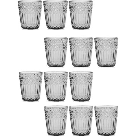 Set 12 Bicchieri Acqua in Pasta di Vetro Colorato grigio Antico 30cl con Lavorazione a Rilievo e Decoro imperiale Stile Vintage per Casa e Ristorazione eleganzae particolarita' per una tavola speciale