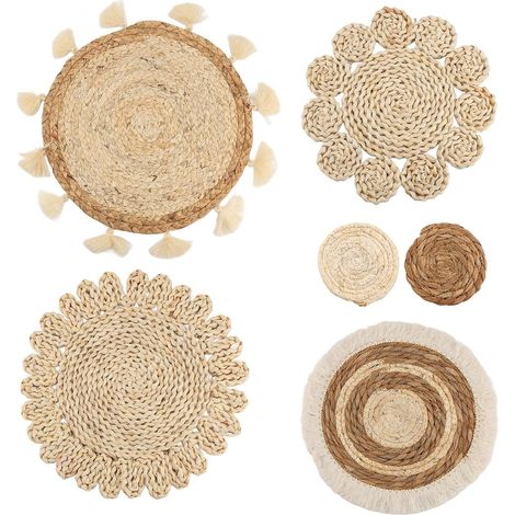 Lot de 6 paniers plats tressés en rotin pour décoration murale, glands faits à la main, paniers muraux floraux, décoration de canapé, table de chevet (1/5)