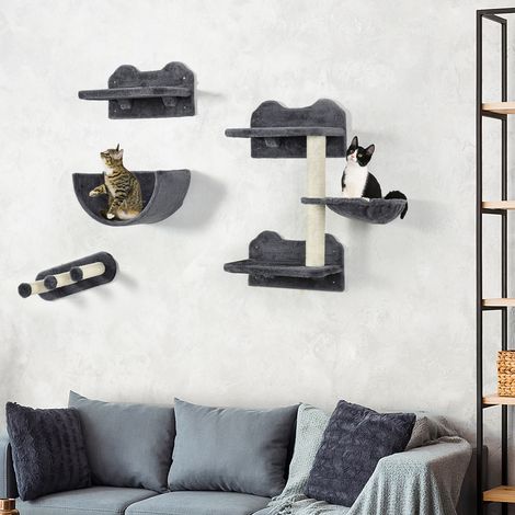 Wandmontiertes Katzenkletterspiel, Katzenregale, 4-teilig, Hängemattennest, Sprungplattformen, Dunkelgrau (1/5)