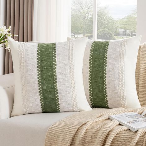 Lot de 2 Housse de Coussin, Coton Polyester, 45x45 cm, Rayures Tissées, Fermeture Éclair Dissimulée, Salon Chambre (1/5)