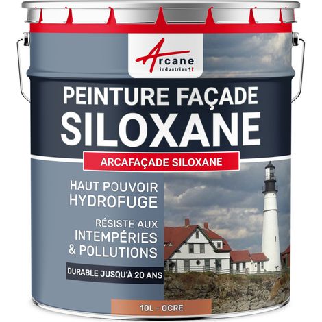 Arcane Industries – Peinture façade siloxane hydrofuge 10 L – Protection 20 ans – Couleur ocre RAL 050 60 40 – Application facile sur crépi