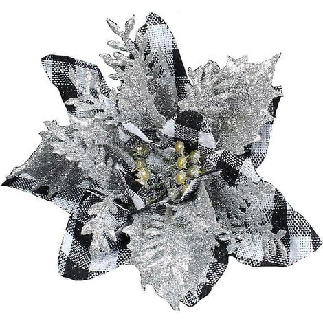 20 fleurs artificielles de 12 cm (4,7 pouces) style champêtre à carreaux noirs et blancs, fausses fleurs, décorations de Noël, poinsettias artificiels pailletés pour Noël, le Nouvel An et les mariages (1/5)