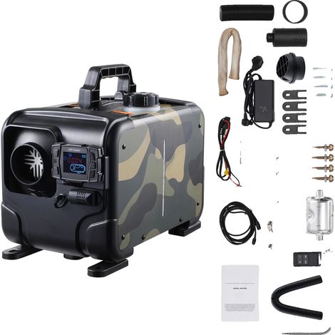 Calentador de aire diésel, potencia de 8 kW, consumo de combustible de 0,18 a 0,35 L/h, compatibilidad con CC 12V/24V, alarma de CO integrada, dimensiones compactas. (1/5)