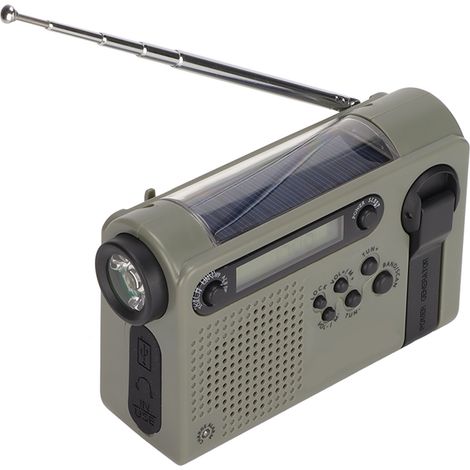 Radio d'urgence portable SOS, alimentée à l'énergie solaire, mémoire de grande capacité, bande complète FM/AM/ondes courtes, coloris noir et vert. (1/5)