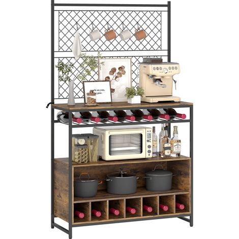 Étagère de cuisine avec plan de travail, panneaux en maille métallique, 5 crochets, meuble de rangement pour épices, casseroles et poêles, marron. produit de haute qualité,  durable et pratique.