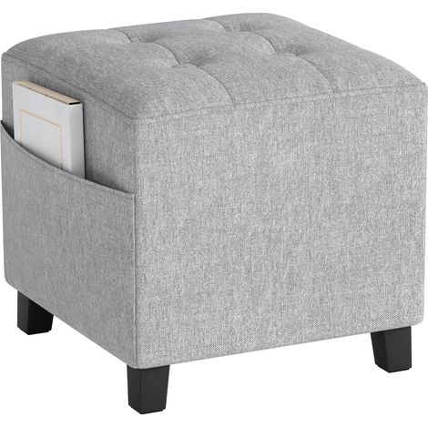 Pouf carré, petit ottoman avec compartiment latéral, repose-pieds en tissu lin, pieds en hévéa, gris clair (1/5)