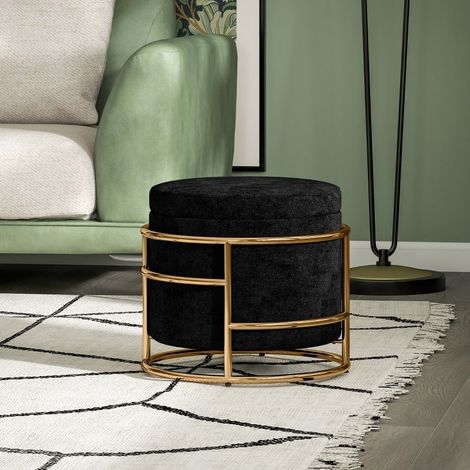 Taburete Puff con Almacenamiento, Asiento Acolchado, Estructura de Acero, Terciopelo de Poliéster Negro (1/5)