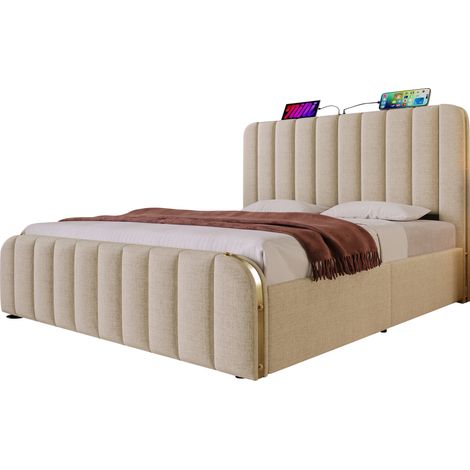 Letto matrimoniale contenitore 140x190 cm beige in tessuto con testiera imbottita, porte USB e USB-C, dettagli metallici dorati, sollevabile, CHICFURN (1/5)
