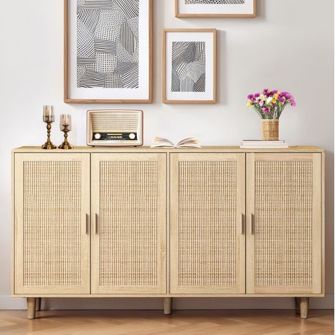 Aufbewahrungsschrank 158x40x88 cm Natur aus Spanplatte und Massivholz mit 4 Rattantüren und verstellbarem Einlegeboden (1/5)