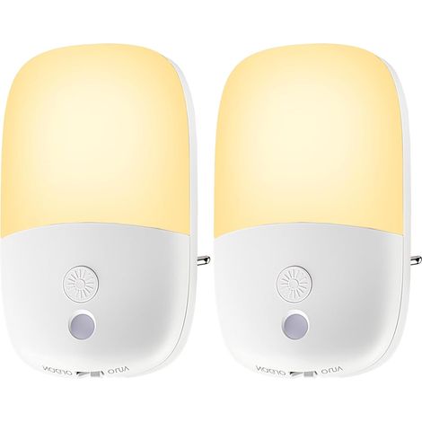 Set di 2 luci notturne per bambini, con spina e 5 livelli di luminosità regolabili, modalità ON/OFF/AUTO, luce gialla calda 2700K, ideale per corridoi, camere da letto, cucine, soggiorni e bagni.