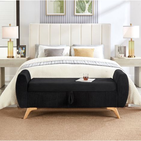 Banco de pana con almacenaje y patas de madera 145 x 51 x 57 cm negro OKWISH (1/5)