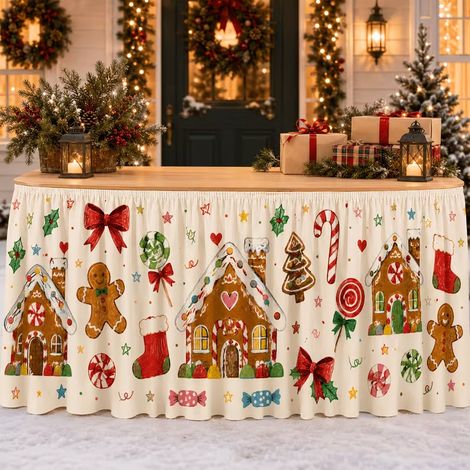 Jupe de table de Noël 2026, nouveau style, décoration de table pour fête de Noël en famille, motif bonhomme de neige et sapin de Noël, tissu décoratif en polyester - 140 x 75 cm - 17 pouces