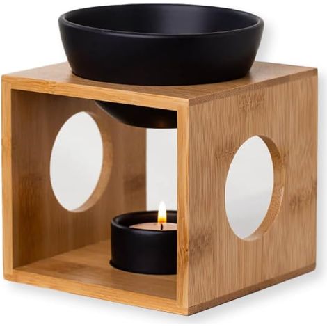 Lampe de Parfum pour Ambiance à Bougie Chauffe-Plat - Lampe d'aromathérapie Design en céramique - Réchaud pour huiles essentielles, huiles parfumées et cires parfumées (Small) (Bois) (1/5)