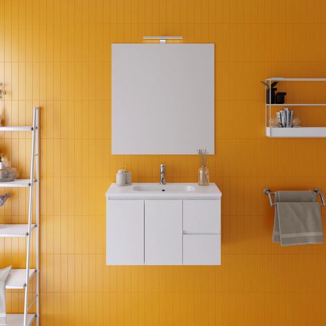 Meuble de salle de bain suspendu 80cm Gloss White avec lavabo inclus et miroir Mod. Rata