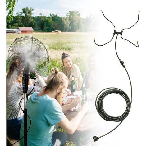 Atomizzatori a ventola per il raffreddamento esterno, spruzzatori con tubo nebulizzante da 6 m, kit di nebulizzazione con 4 ugelli in ottone rotanti a 360°, generatore di nebbia (1/2)