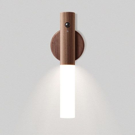 Applique Murale Interieur Bois Led Night Lights Alimenté par Batterie Portable Applique Lampe Murale Sans Fil Rechargeable Induction Night Light avec Aimant pour Escaliers Couloir Ménage (Brun) (1/5)