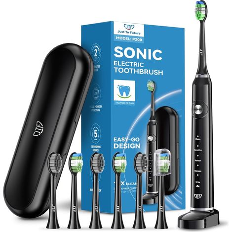 Brosse À Dent Électrique Sonique Adultes avec 6 Têtes de Brosse et Étui de Voyage, Chargeur Rapide sans Fil et Longue Durée, 5 Modes et Minuteur Intelligent, Brosse À Dent Voyage, P200 Noir (1/5)