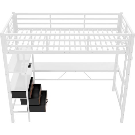 Hochbett 90 x 200 cm weiß mit Schreibtisch, LED, USB, 3 Schubladen und Leiter (1/5)