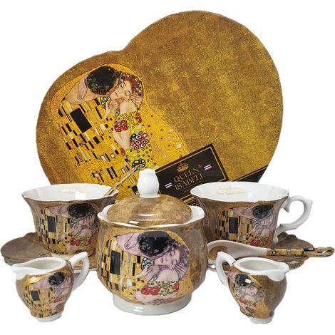 Servizio di tazze in porcellana con zuccheriera e lattiera, dipinto "Il Bacio" di Klimt. (1/5)