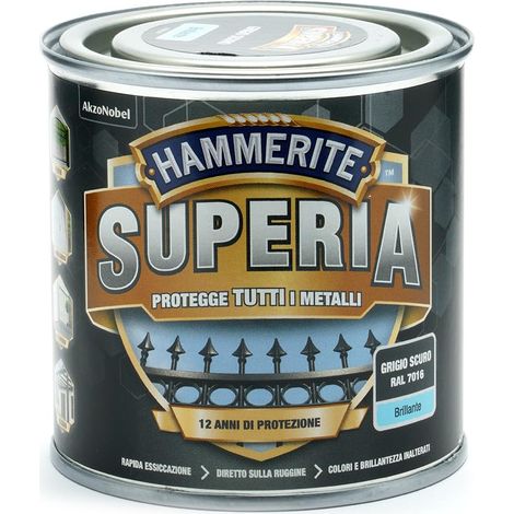 Hammerite Superia smalto metallo antiruggine interno e esterno, Brillante Grigio Scuro, 250 ml (1/2)
